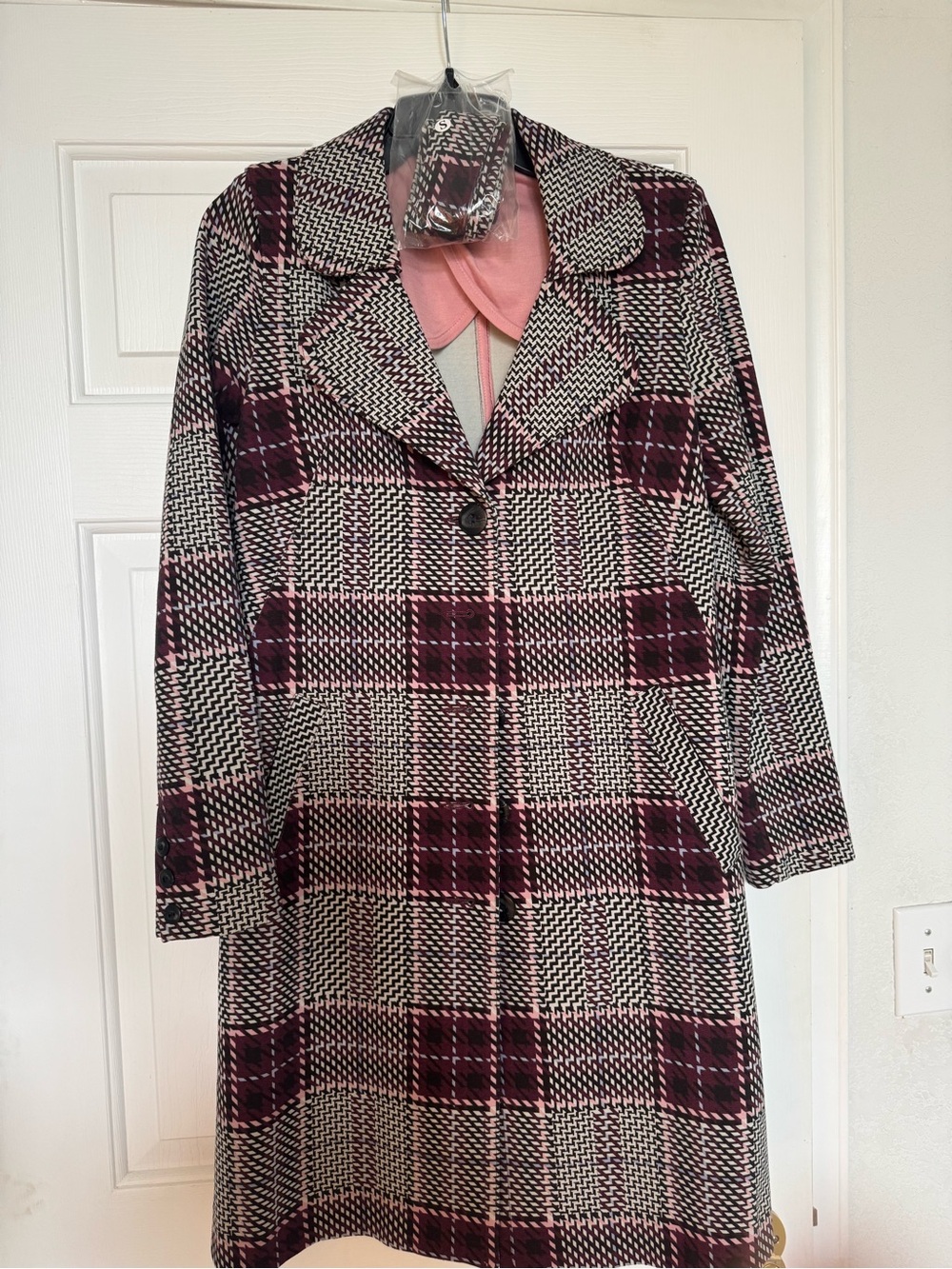 CAbi Pink and Black Plaid Single-Button Coat with Cream Accents